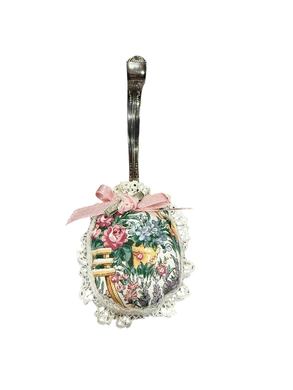 Handcrafted Pink Floral Spoon Pin Cushion with Lace Trim
